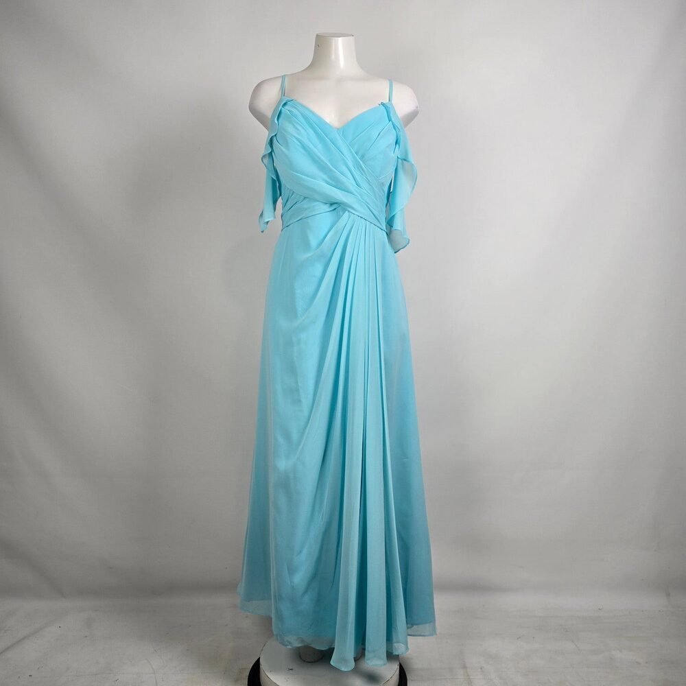 Azazie Blue Chiffon Bridesmaid Dress Draped Maxi Formal Size L